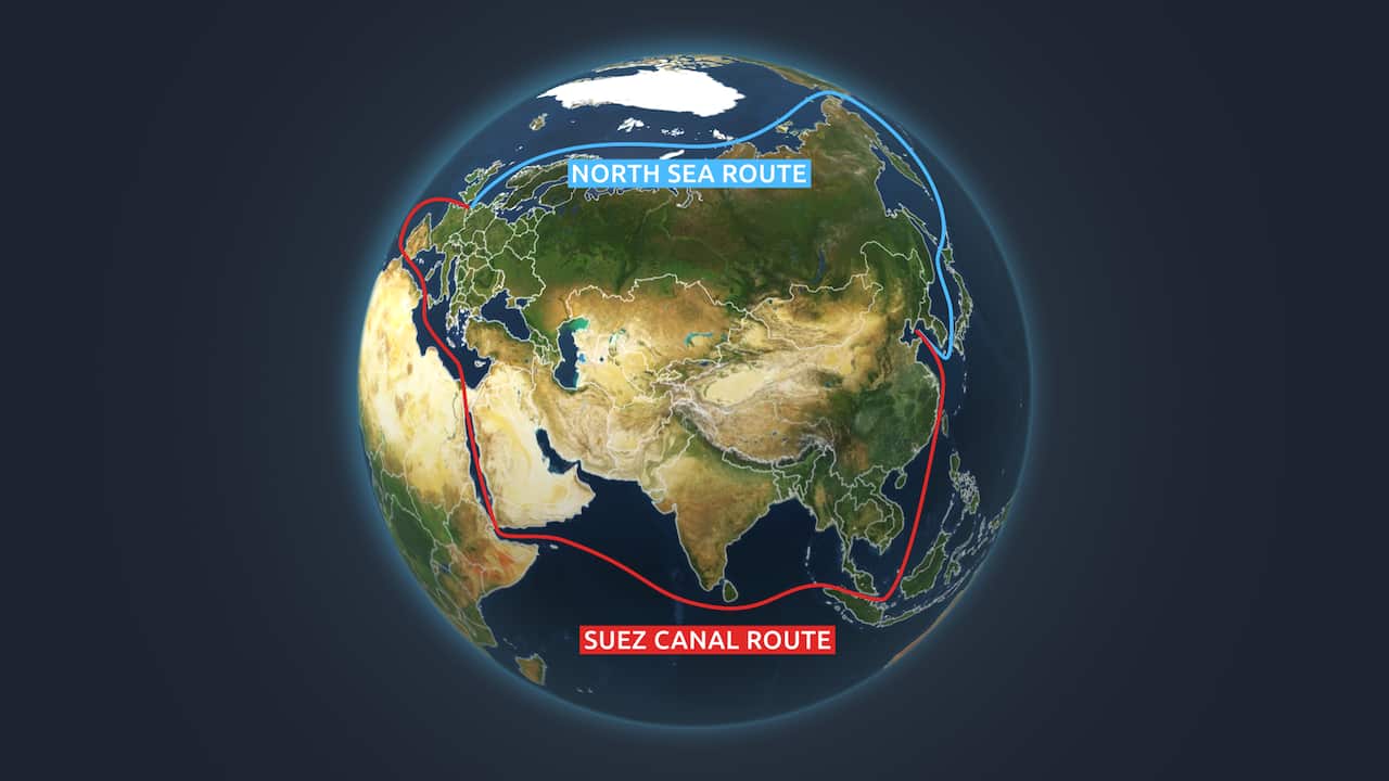 A map of the world showing shipping routes from Europe to Asia, with a much longer traditional red route and a much shorterArctic blue one.