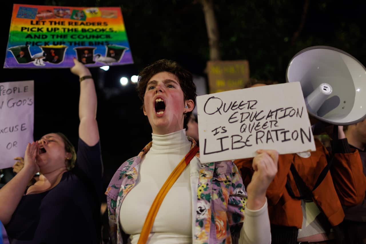A crowd of protesters rallying against Cumberland City Council's same-sex book ban.