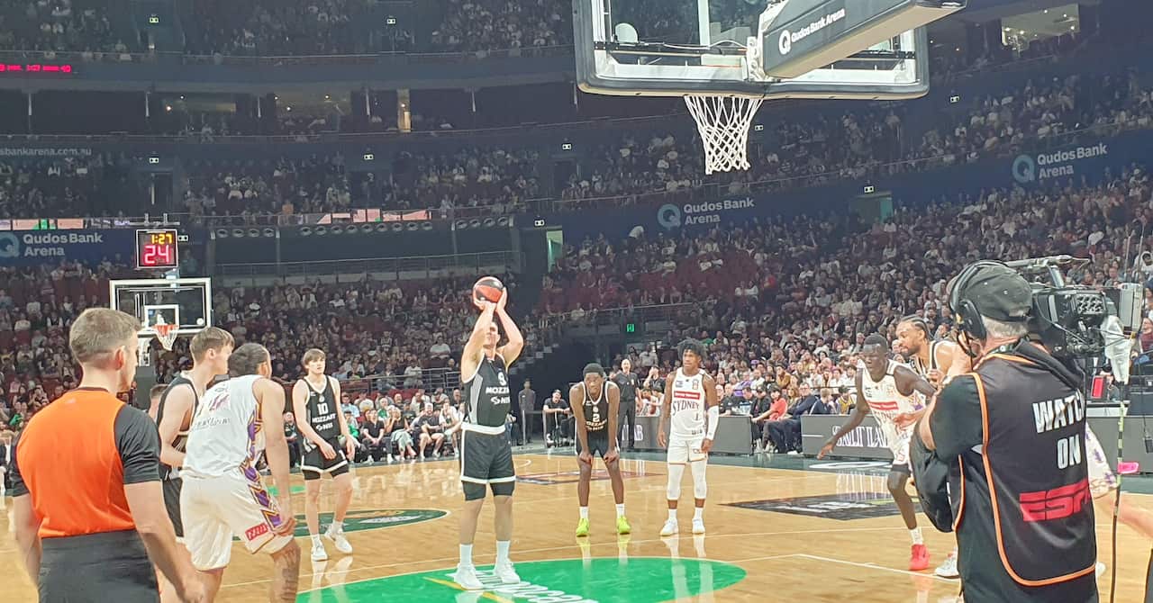 BC Partizan captain Vanja Marinkovic shoots a free throw during the game against Sydney Kings in Qudos Arena, Sydney, on 21 September 2025