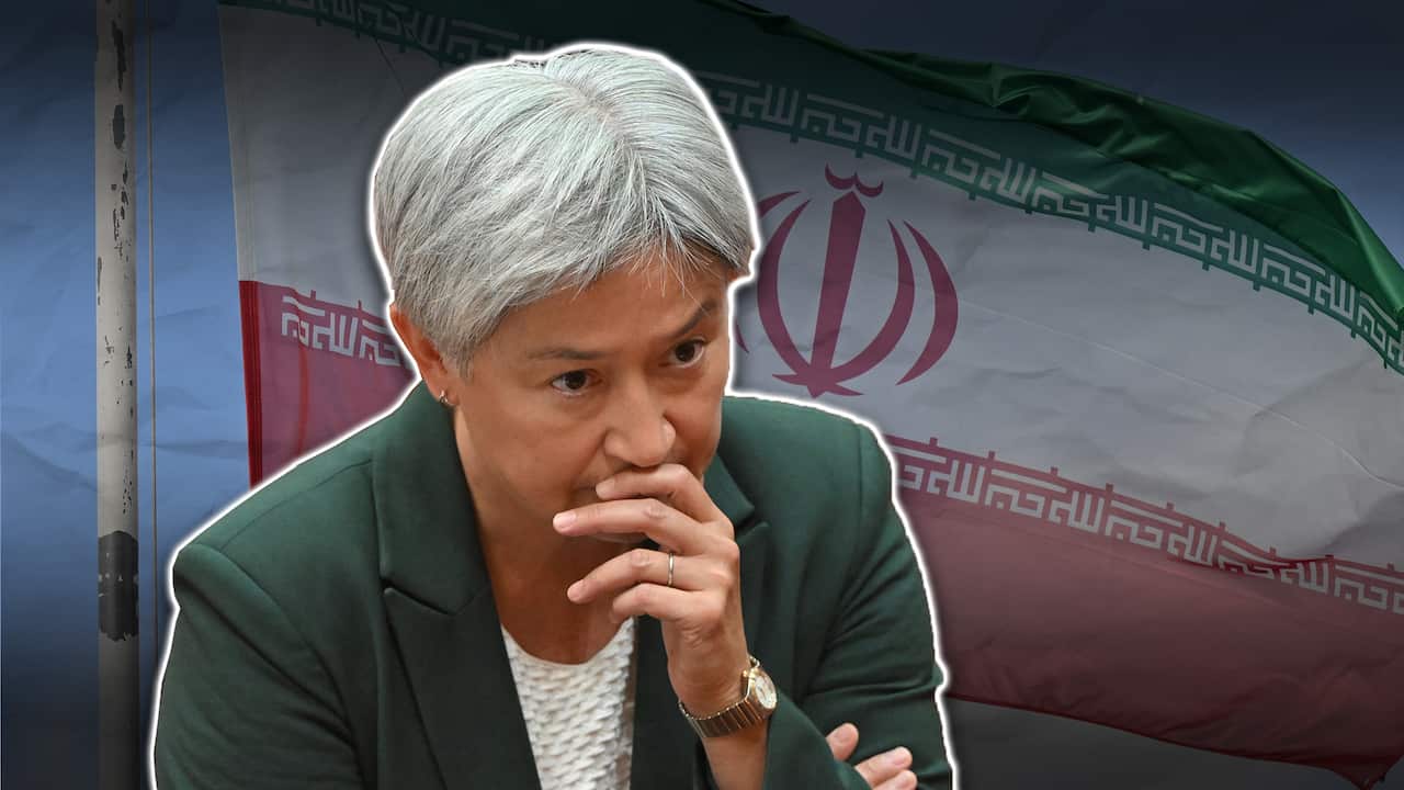 Graphic art of Penny Wong, with her left hand held to her mouth, against a backdrop of the Iranian flag 