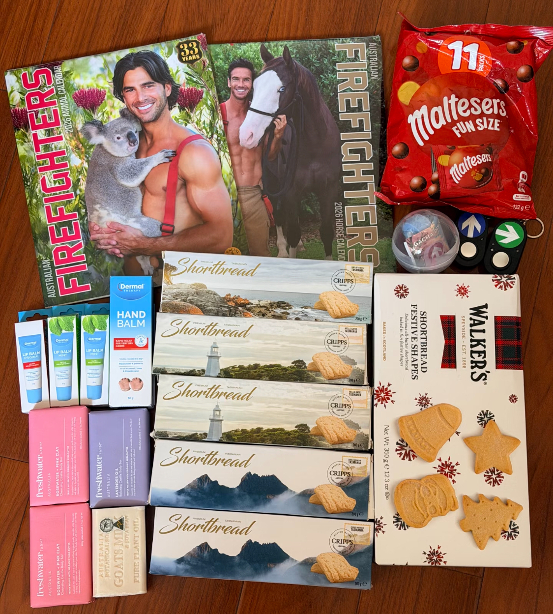 Boxes of biscuits, candy and calendars.