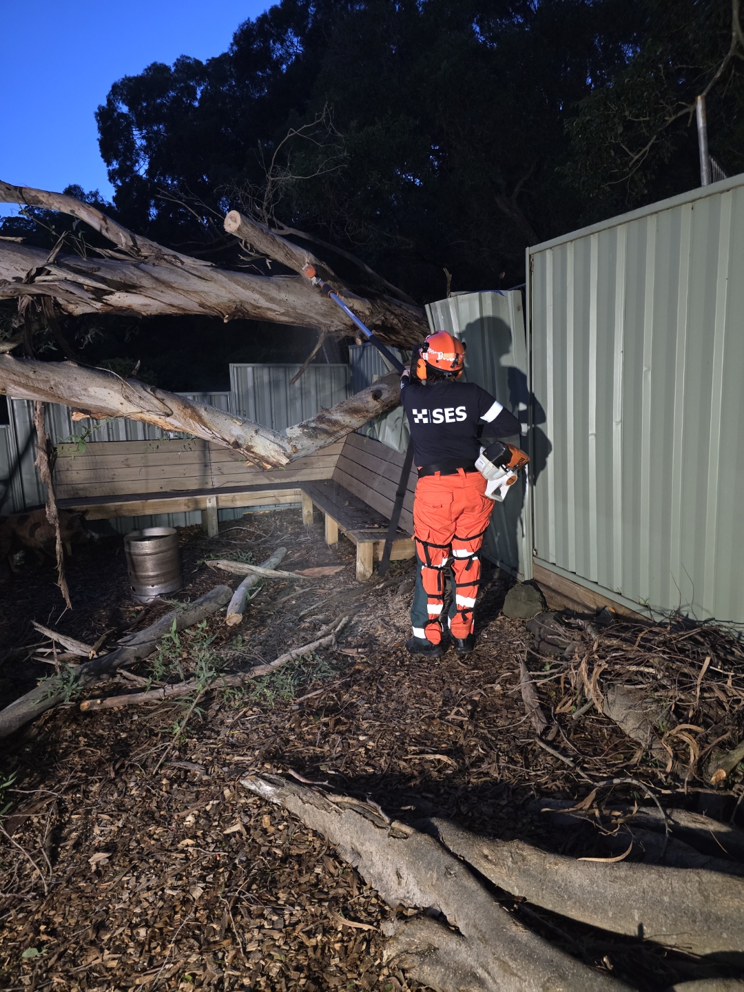 A NSW SES officer cleaning up debris from a fallen tree.