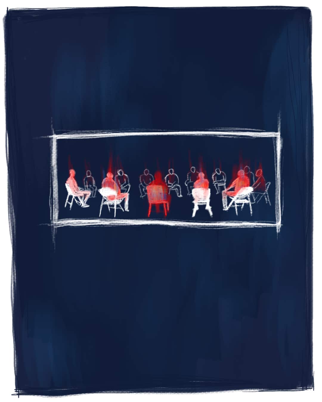 An illustrated graphic depicting a group of adult men sitting on chairs in a circle, participating in a group support session.