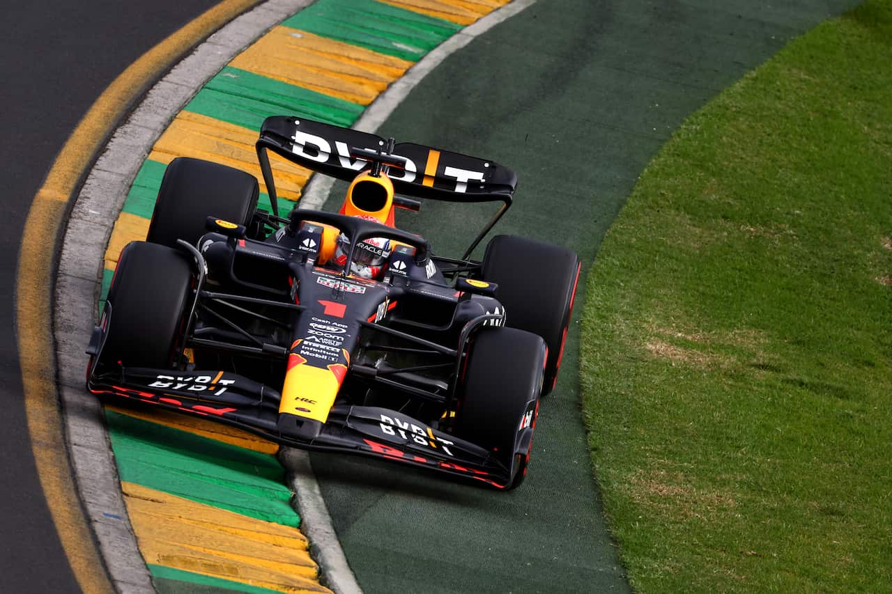 A close up shot of a Formula 1 car on a track