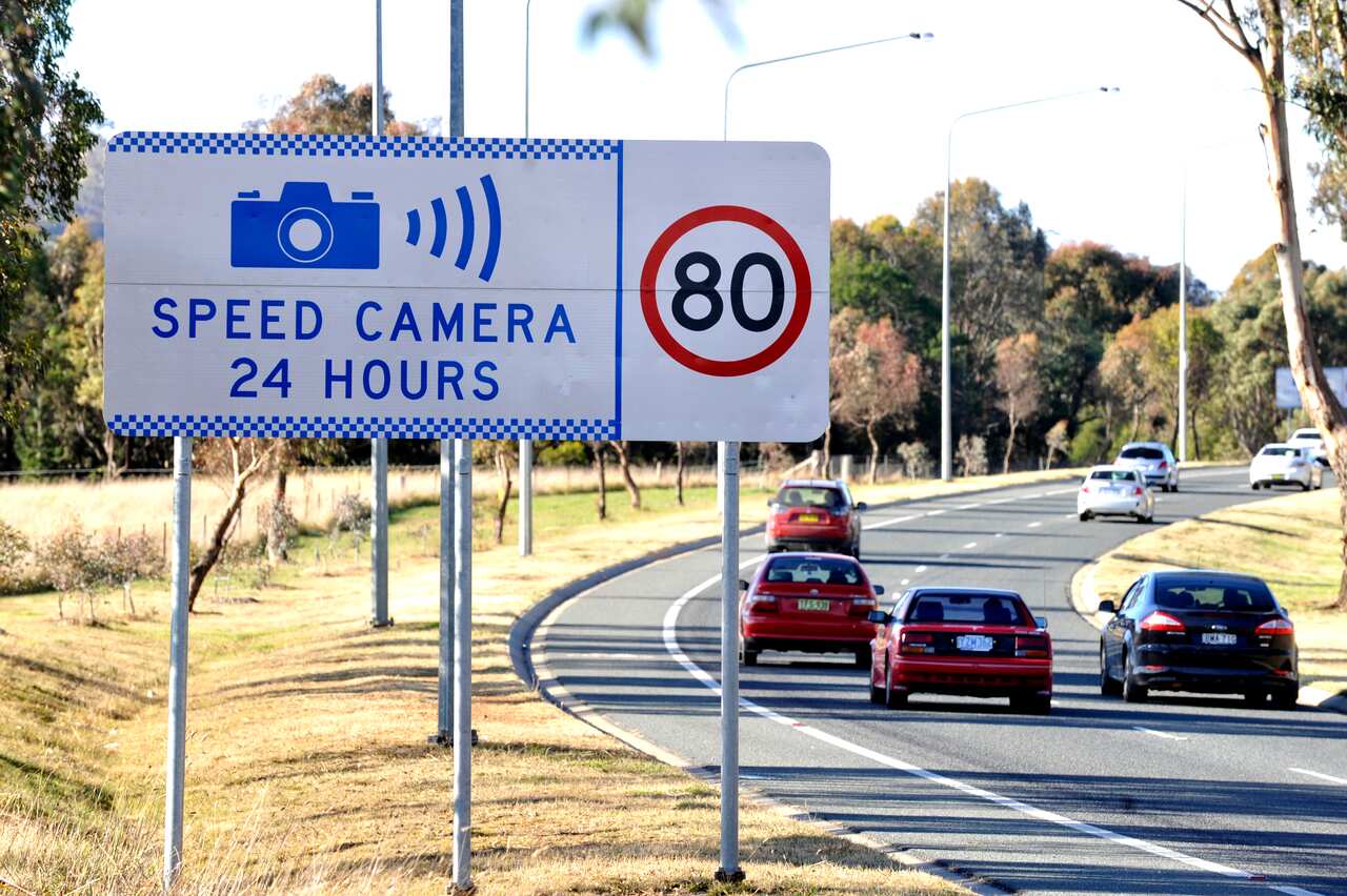 A speed camera warning sign.