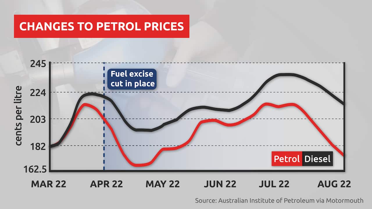 A graph of petrol and diesel between March and August. 