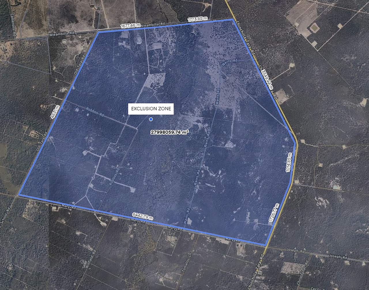Satellite map showing police exclusion zone in rural Queensland