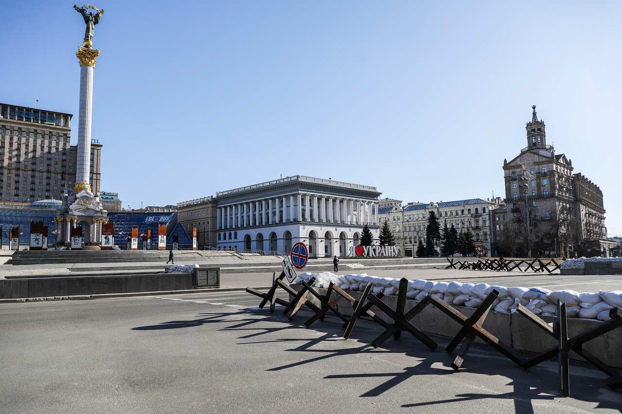 Barricades in front of the Maidan Square are seen in Kyiv, Ukraine.