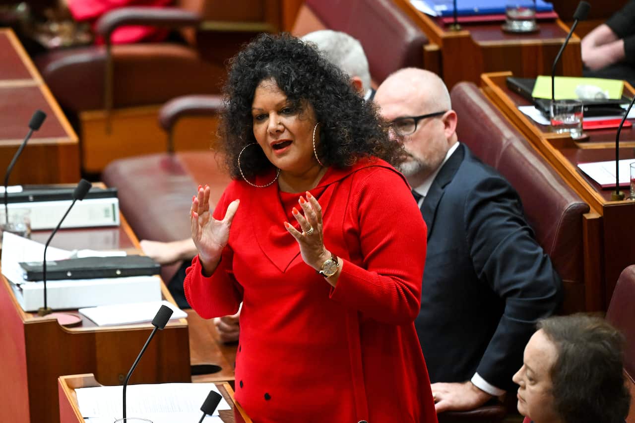 A woman in red top speaking in Senate