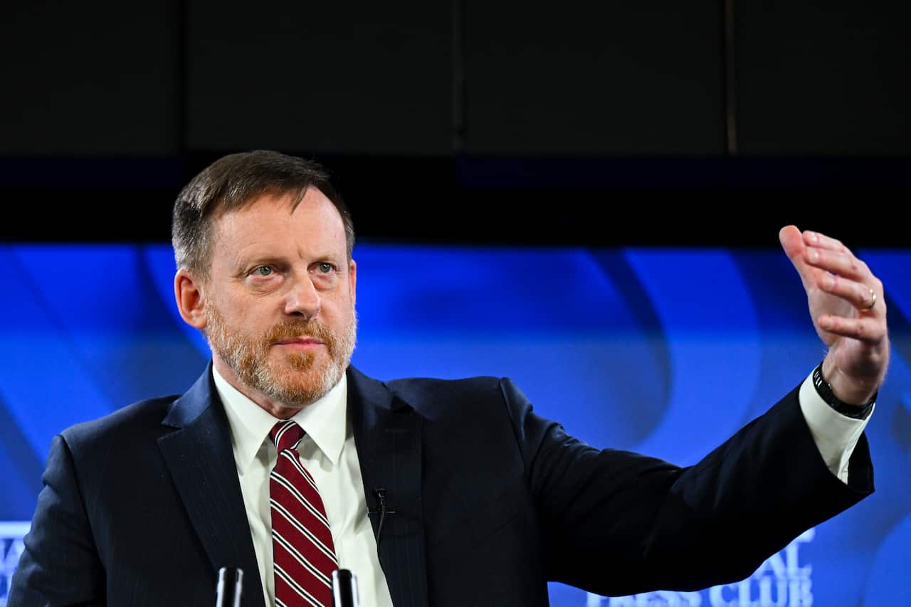 Former US National Security Agency Chief Admiral Michael Rogers is pictured speaking in Canberra. 