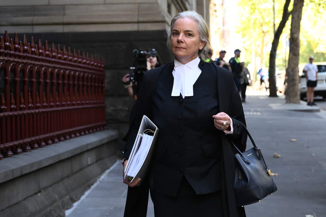 A woman wearing a barrister's gown outside court