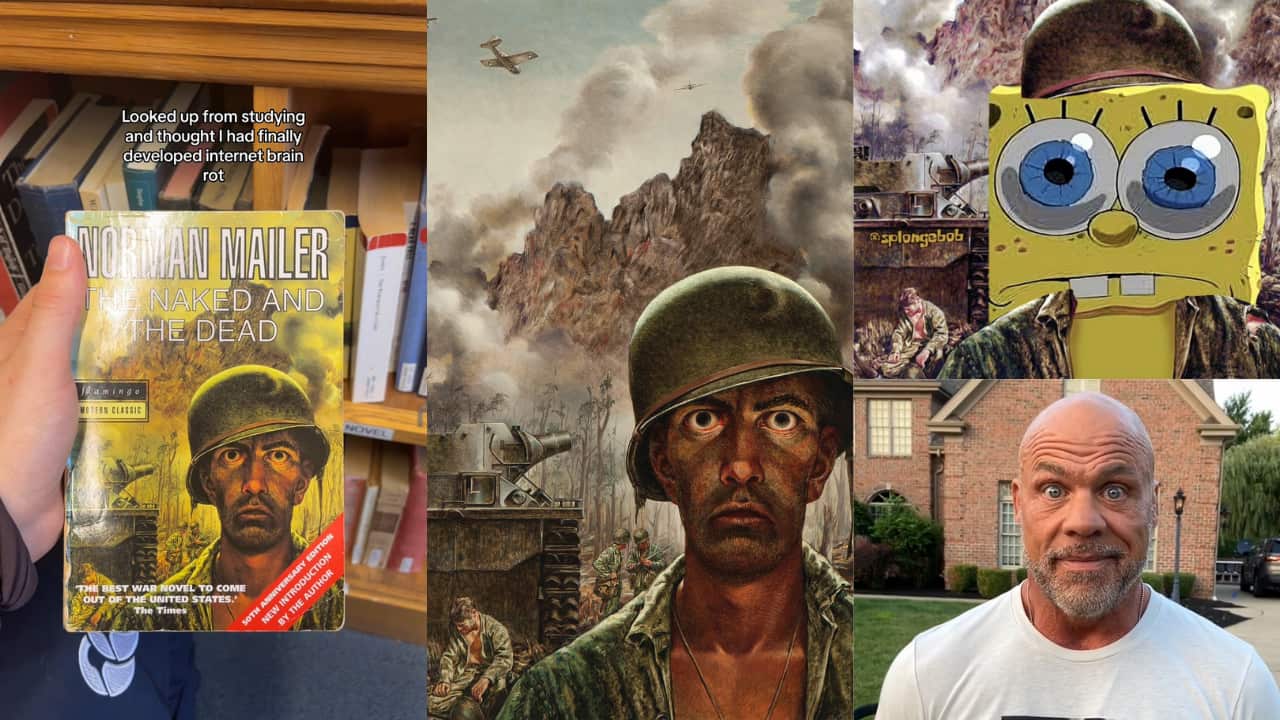 (left to right) a hand holding a book featuring a soldier on the cover, a close-up picture of a soldier, a split picture of Spongebob SquarePants and a man standing outside a house 