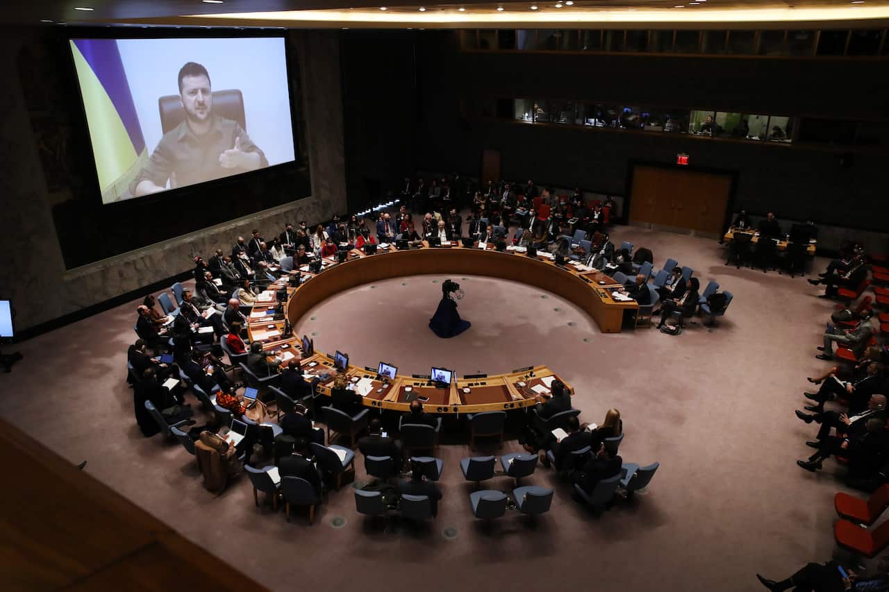Ukrainian President Volodymyr Zelenskyy addresses the United Nations Security Council via video link.