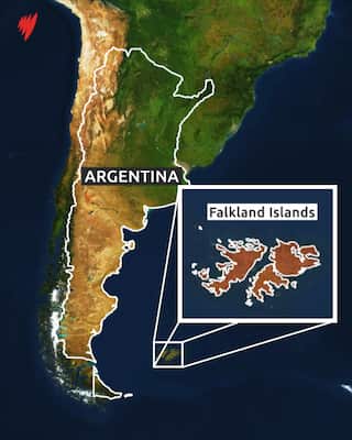 A map showing the Falkland Islands beside Argentina.
