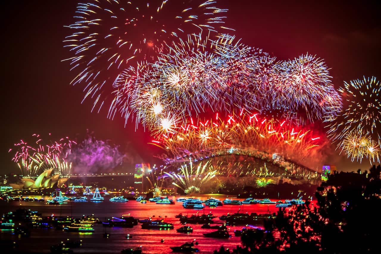Sydney New Years Eve Fireworks display across the harbour.