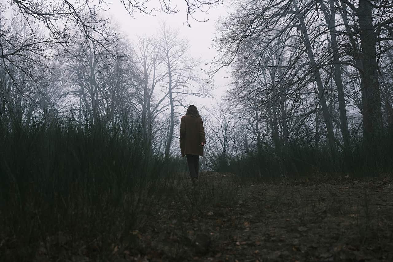 A figure with long hair walks into a gloomy landscape, with trees looming on both sides. 
