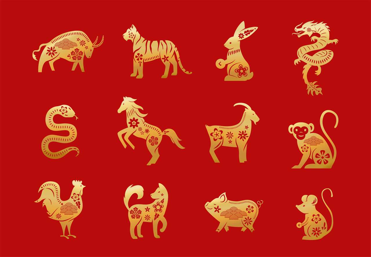 Twelve Chinese Lunar New Year Zodiac symbols in gold are set against a red background.