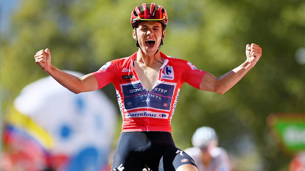 Remco Evenepoel (Quick-Step Alpha Vinyl) celebrates after crossing the finish line