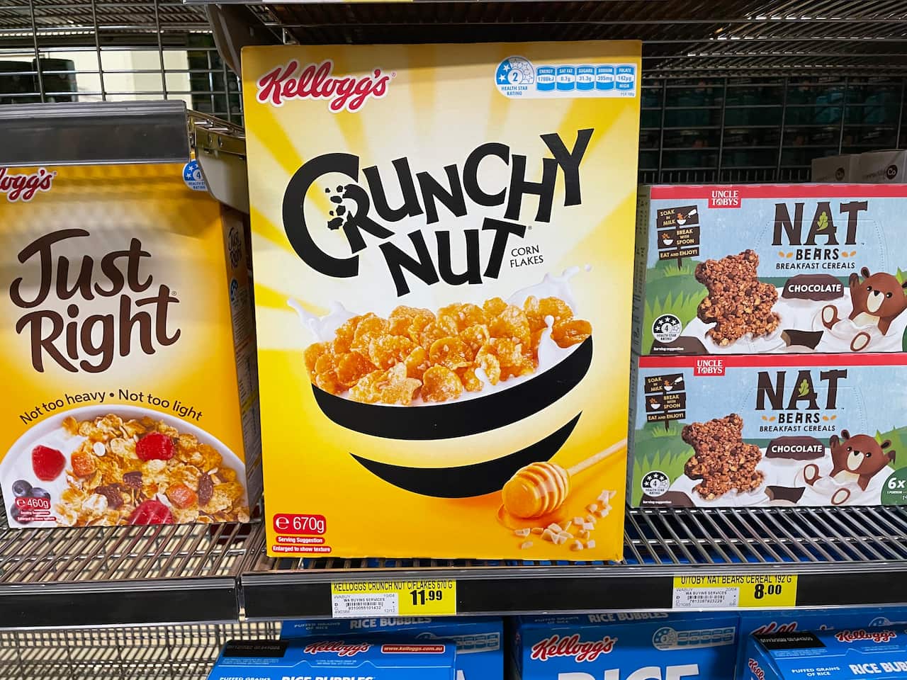Box of cereal selling for $11.99 on a shelf.
