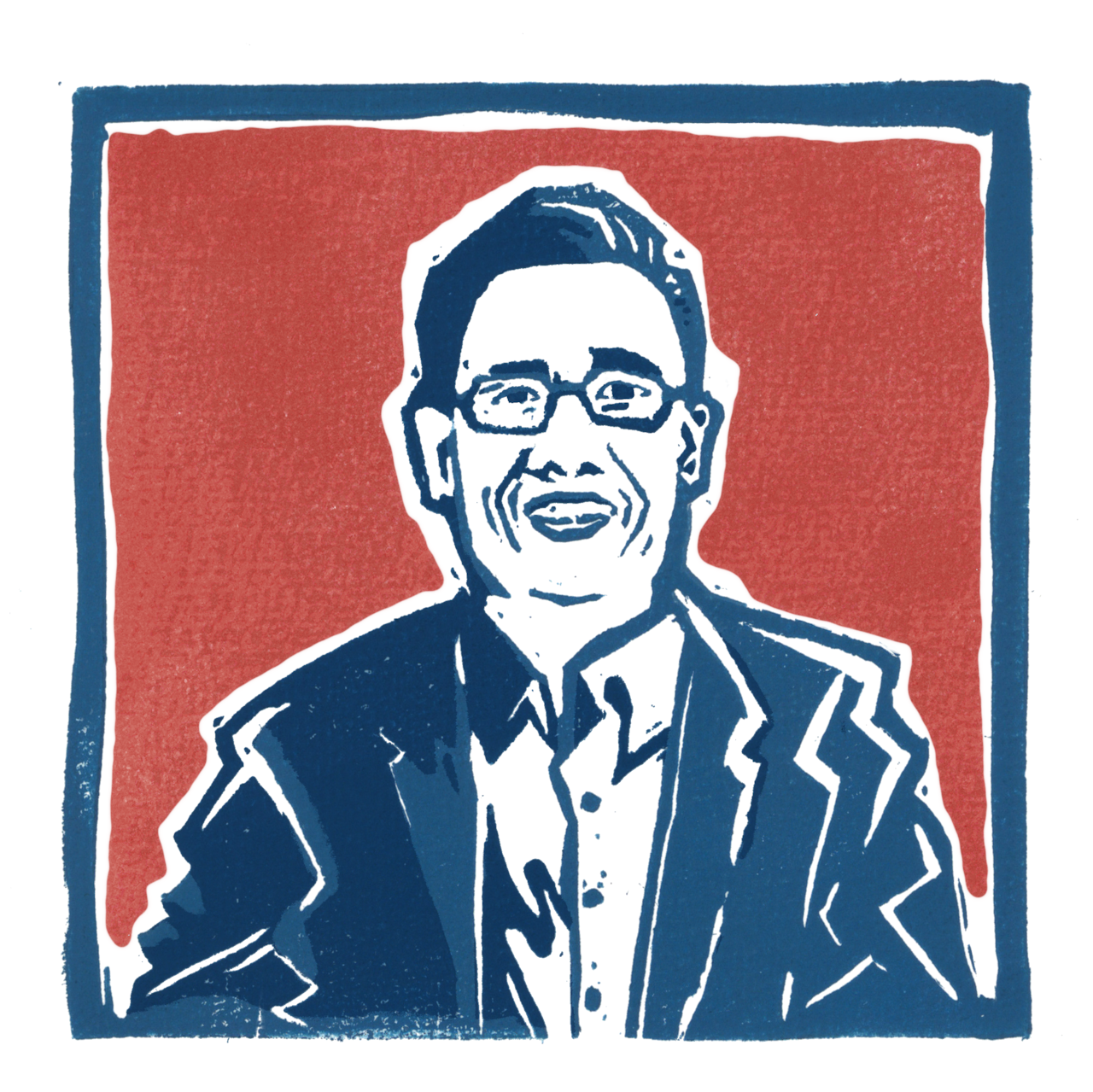 A printed portrait of a man wearing a suit and glasses.