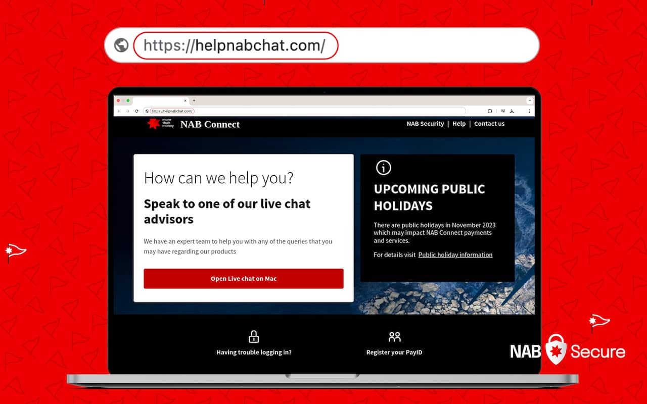 A laptop on a red backdrop showing what appears to be a NAB bank website, but has a strange URL