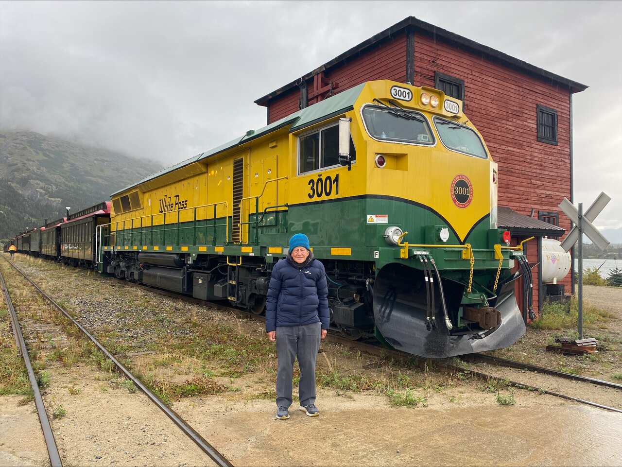 An elderly man standing in front of a train. 