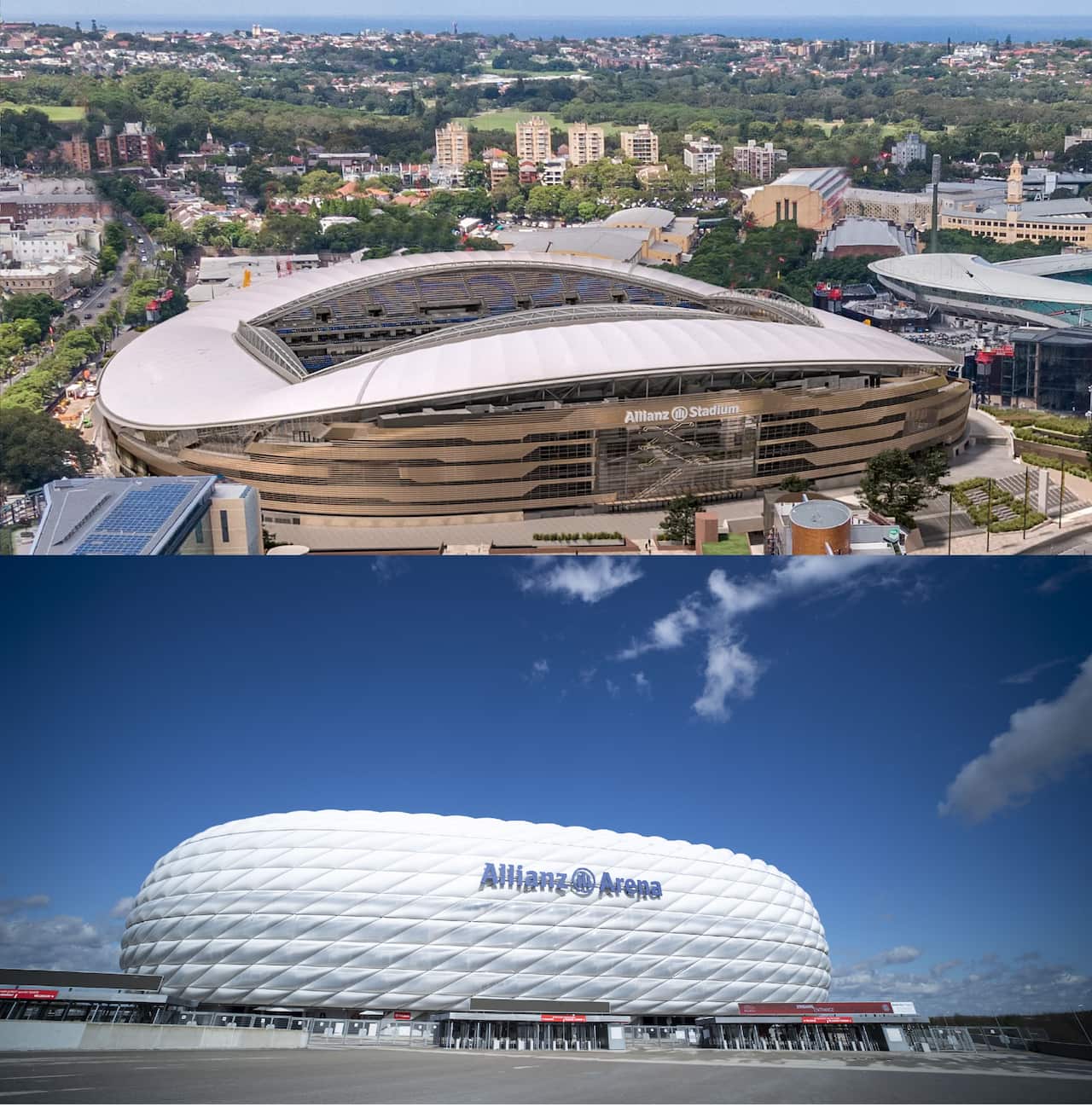 Allianz Stadium in Sydney above an image of Allianz Arena in Munich