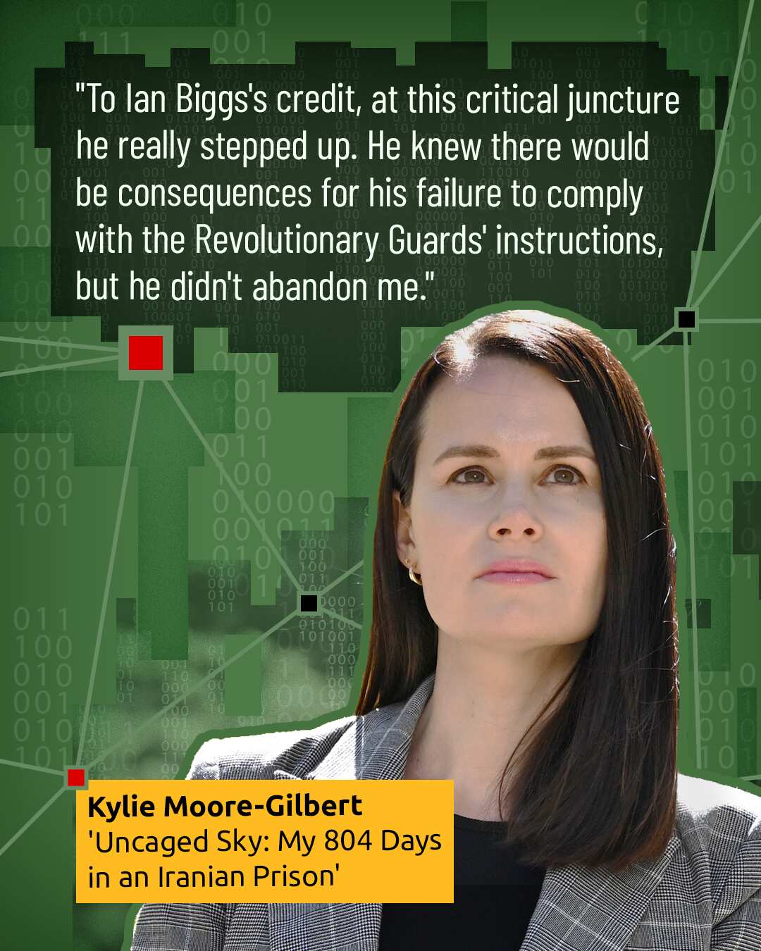 A woman with brown hair and a grey-checked coat.