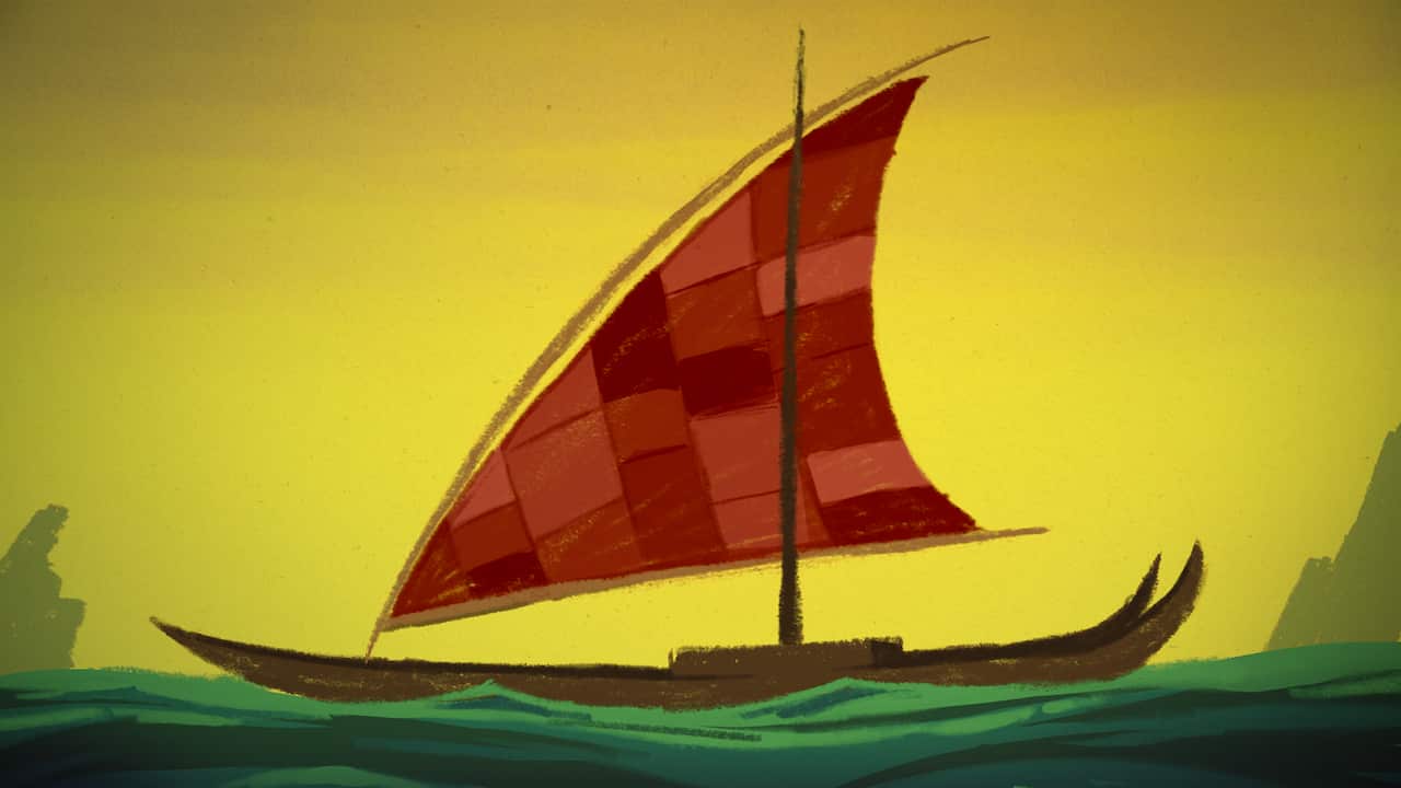 An illustration of a traditional Pacific sailing canoe with a red-patterned sail navigating green ocean waves under a yellow sky.