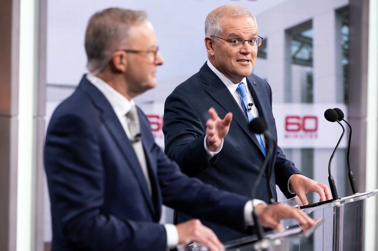 Prime Minister Scott Morrison (right) and Opposition Leader Anthony Albanese during the second leaders' debate ahead of the federal election at Nine Studios in Sydney.