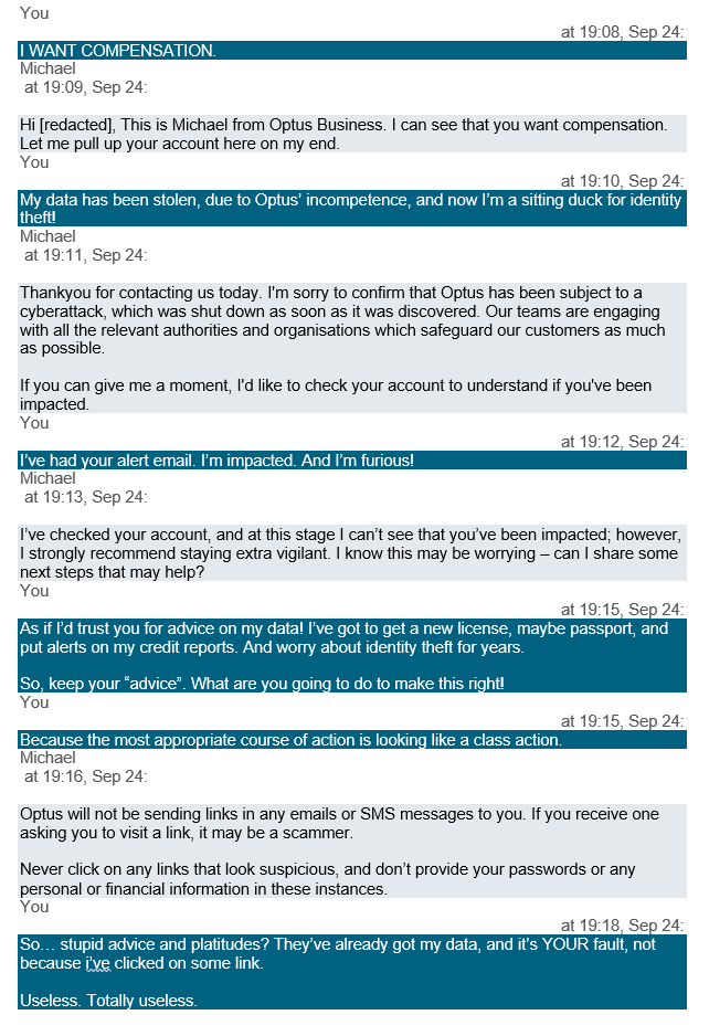 An online exchange between long-time Optus customer Kim, who didn't want to giver her surname, and the telco following a huge data breach.