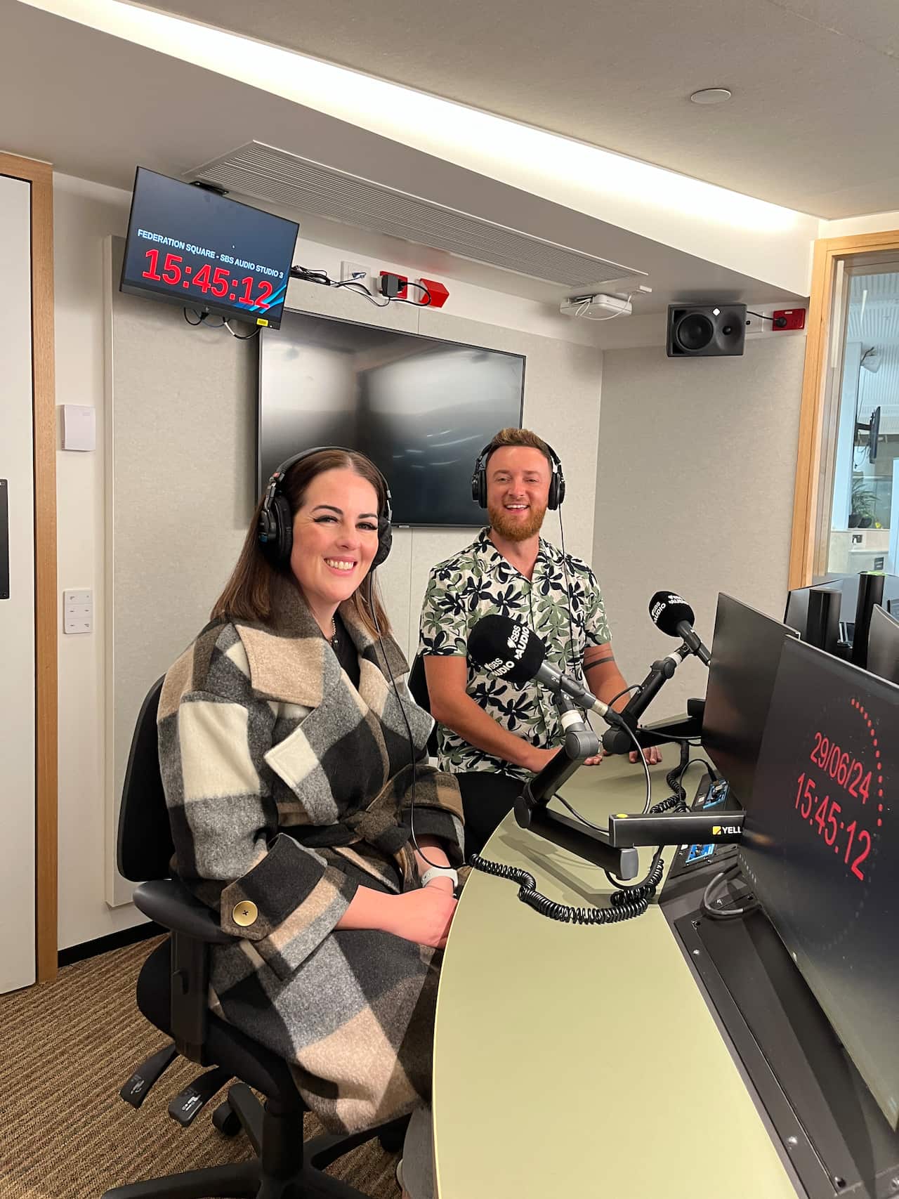 Belinda Payne and Stathi Vamvoulidis at SBS Melbourne studios