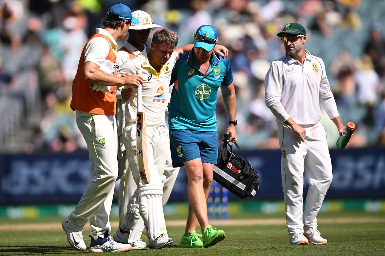 David Warner is helped from the field