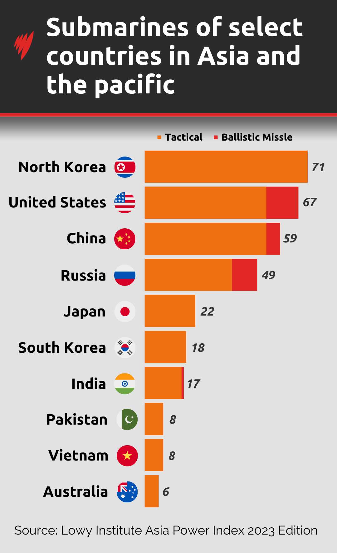 Graphic showing countries' number of submarines.