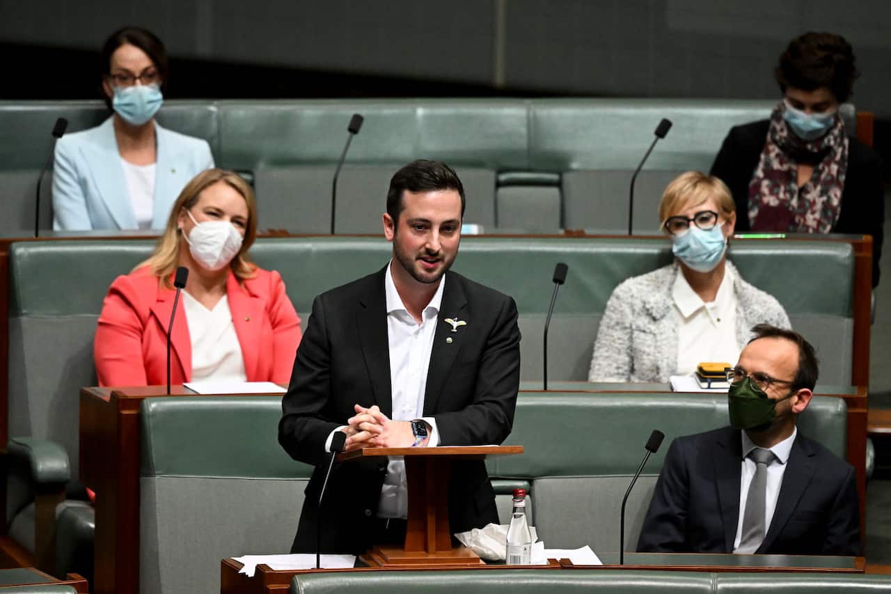 Man in suit jacket speaks at a lecturn in Parliament. 