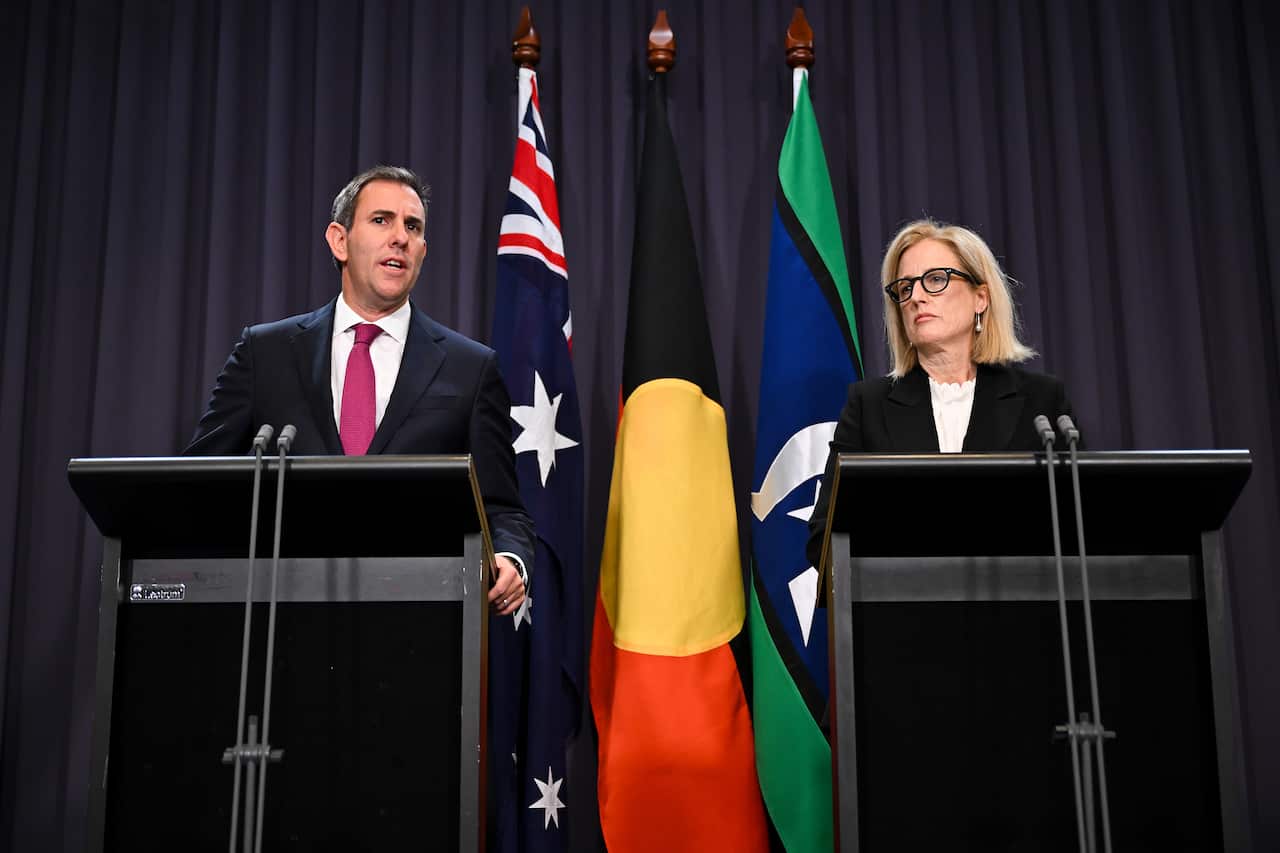 Jim Chalmers and Katy Gallagher at a press conference.