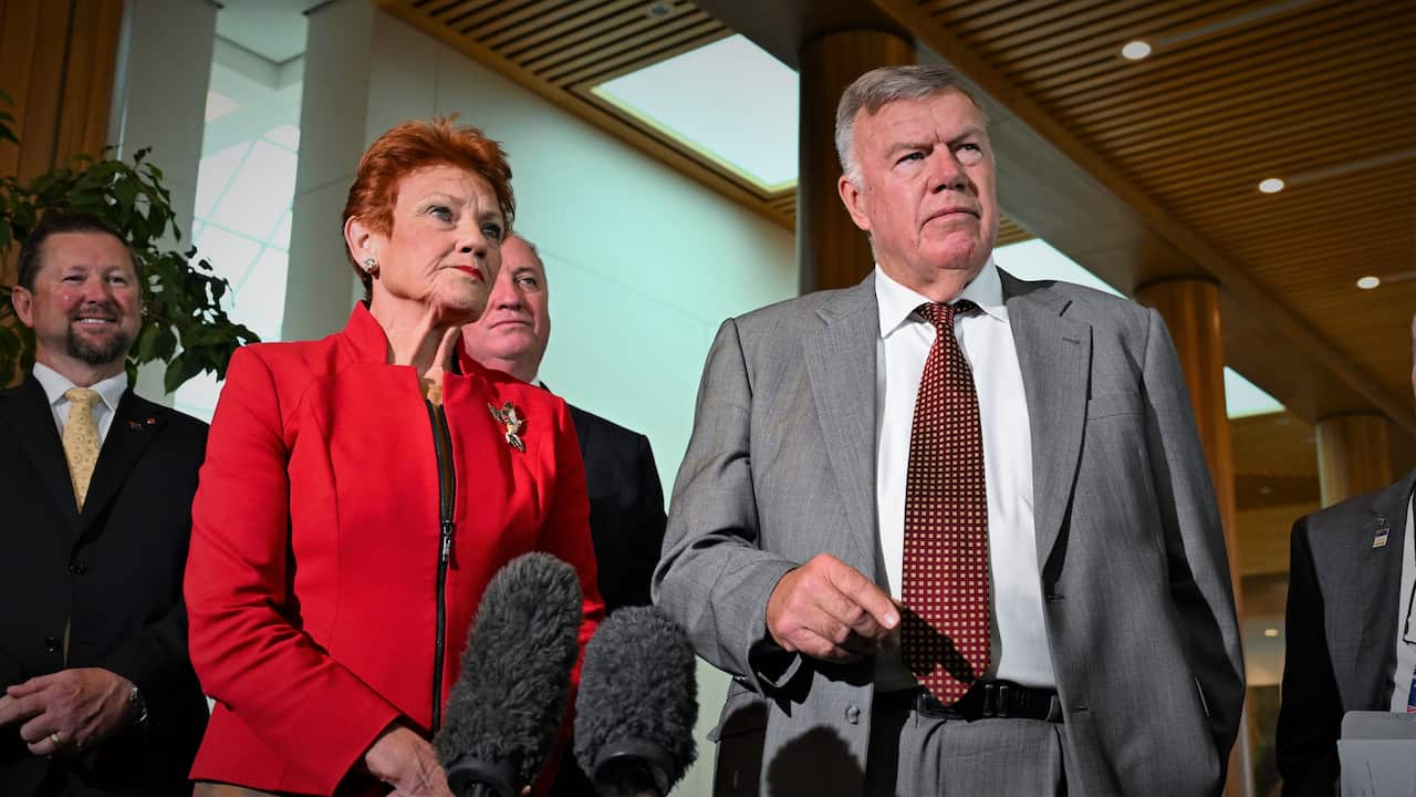 Pauline Hanson stands next to David Farley as they speak in front of microphones.