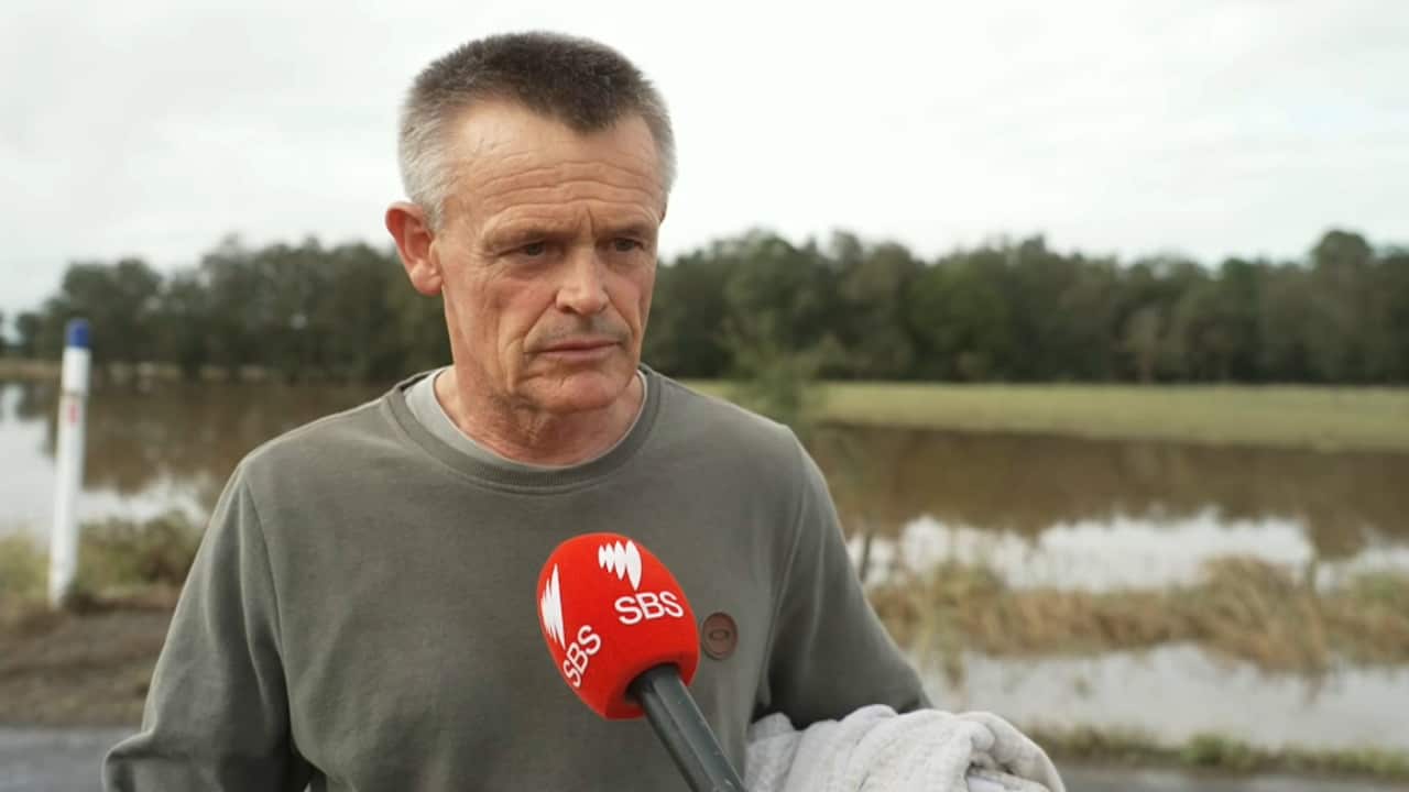 A middle aged man, with short spiky hair, greying on the sides, looking concerned, standing in front of floodwater, with an SBS TV microphone in front of him.