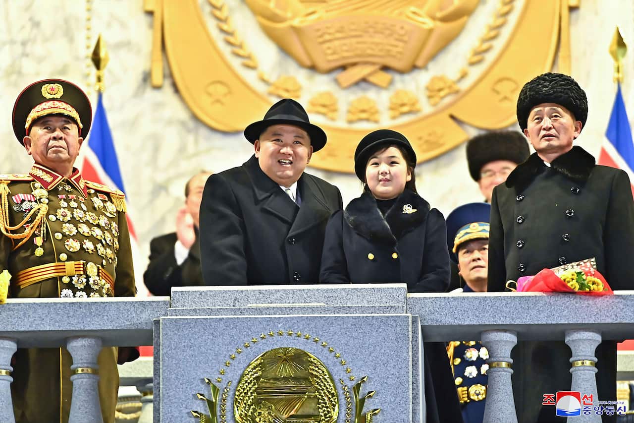 North Korean leader Kim Jong-un attends a military parade with his daughter Kim Ju-ae to mark the 75th founding anniversary of the Korean People’s Army in Pyongyang, North Korea, in a photo provided by North Korean government on 8 February 2023.