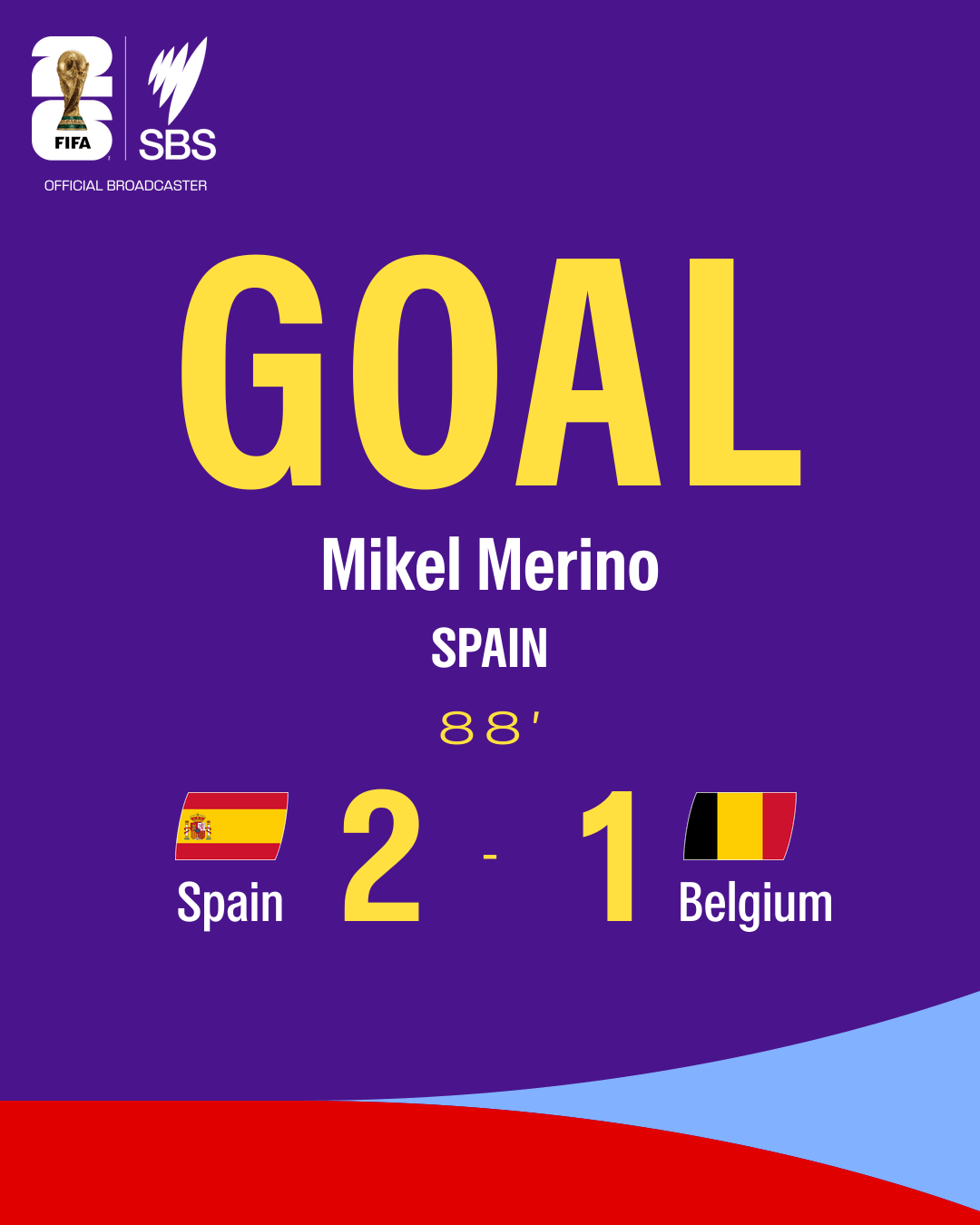 Colourful graphic showing a 2-1 scoreline in the Spain v Belgium quarter final match at the World Cup 2026.