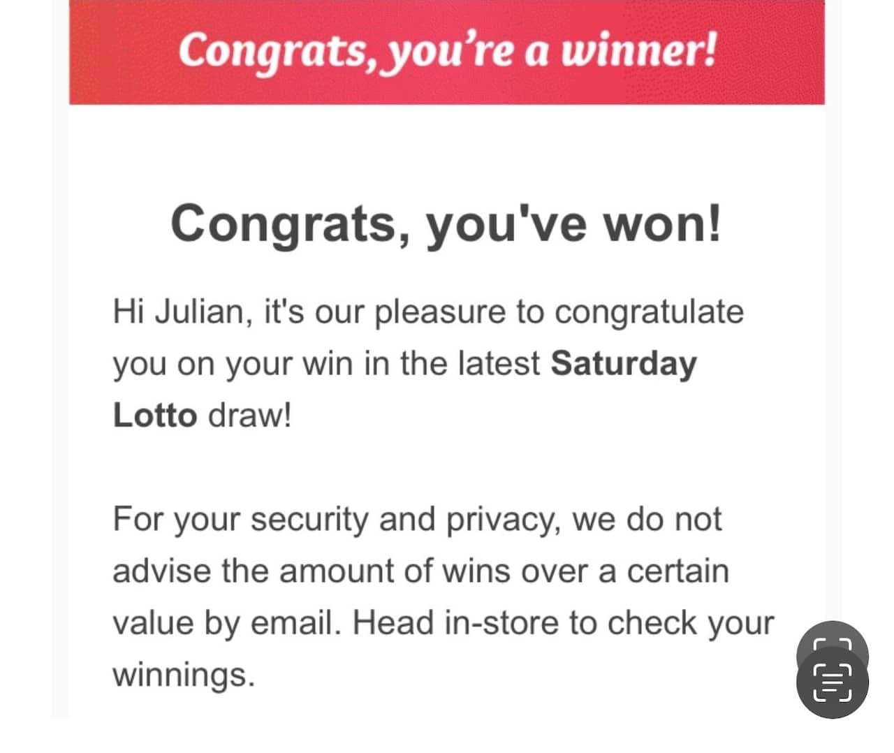 a screenshot of an email congratulating someone for winning lotto
