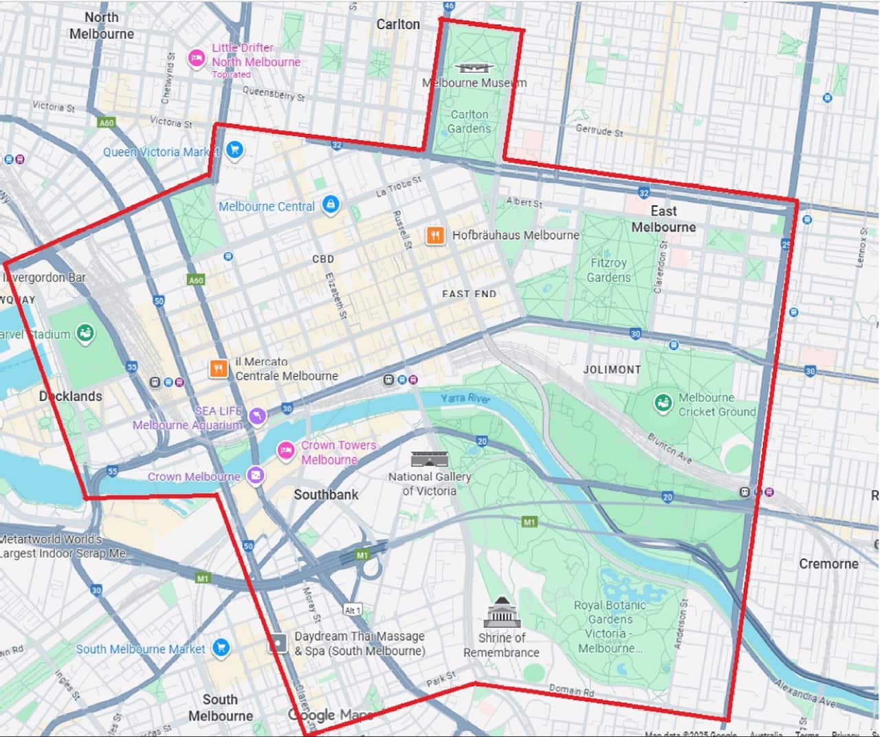A map of a part of Melbourne