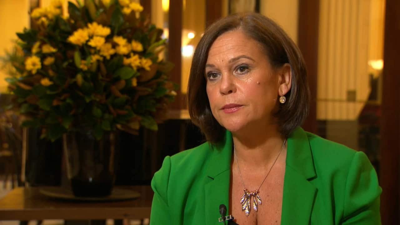 Ireland’s Leader of the Opposition and Sinn Féin President Mary Lou McDonald is seen speaking to SBS News. 
