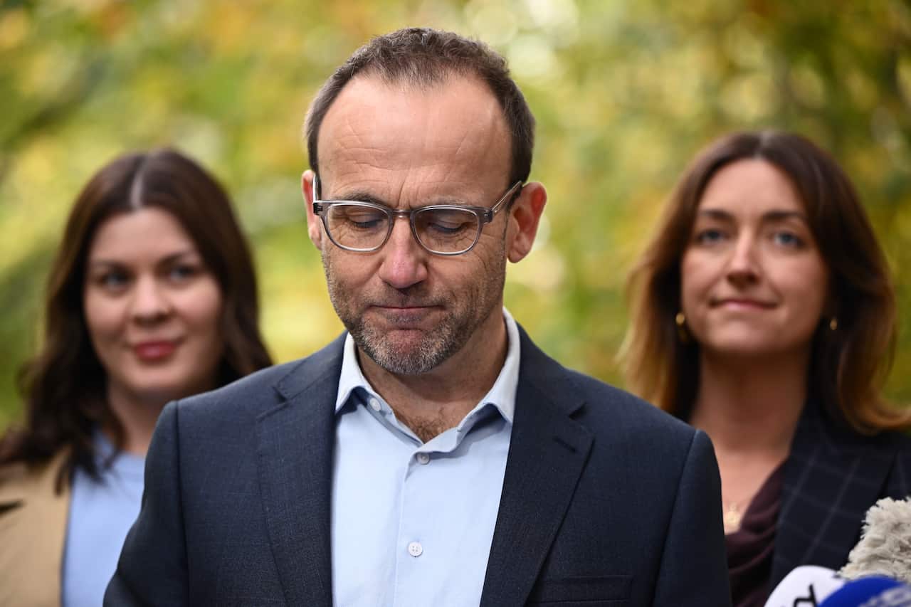 Outgoing Greens leader Adam Bandt at a press conference.