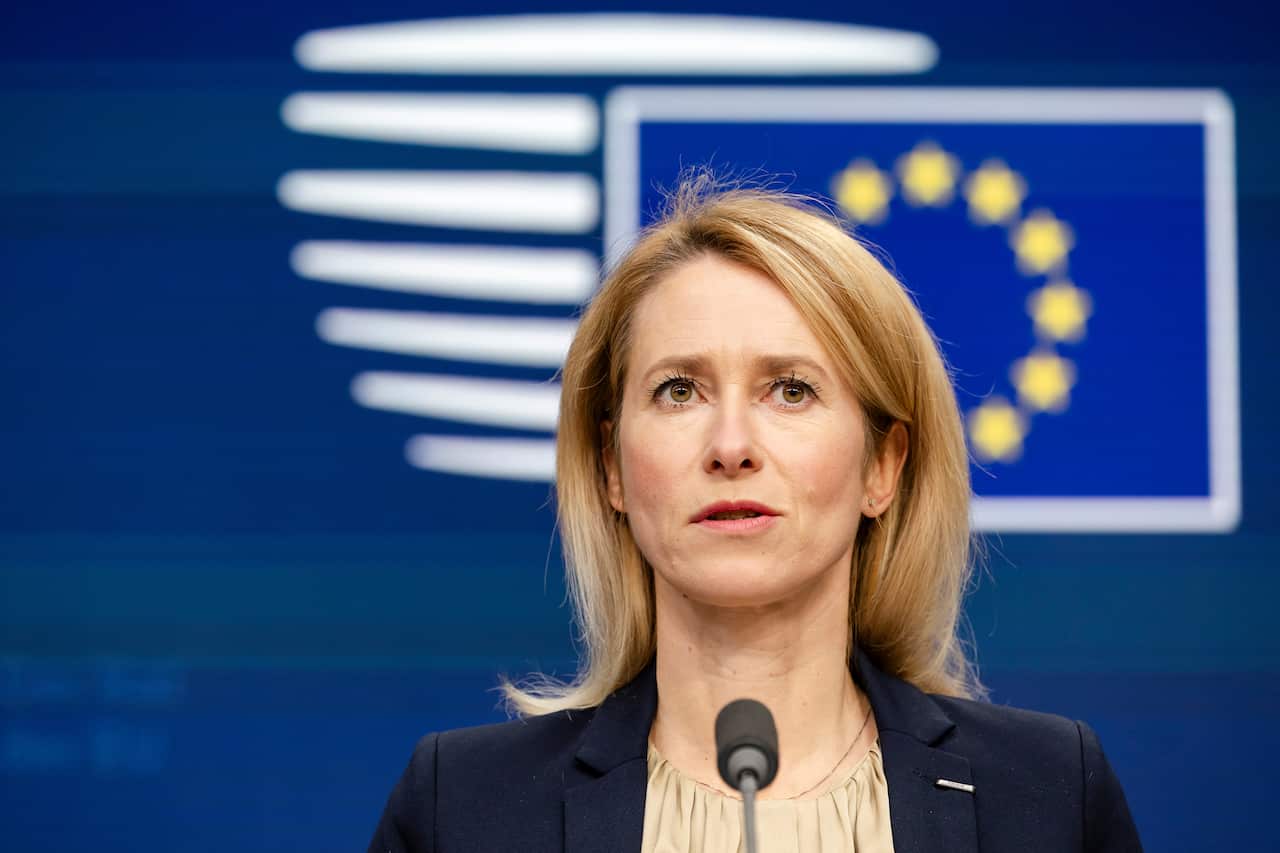 A woman with blonde hair speaking into a microphone, in front of a blue background with the EU flag.