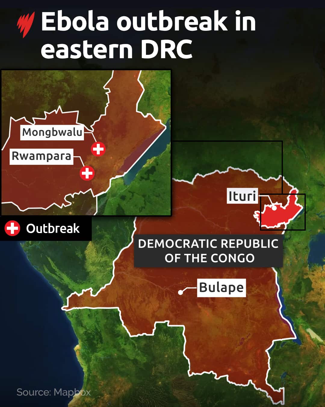 Map highlighting Ebola outbreak zones in eastern DR Congo, including Ituri province and nearby towns.
