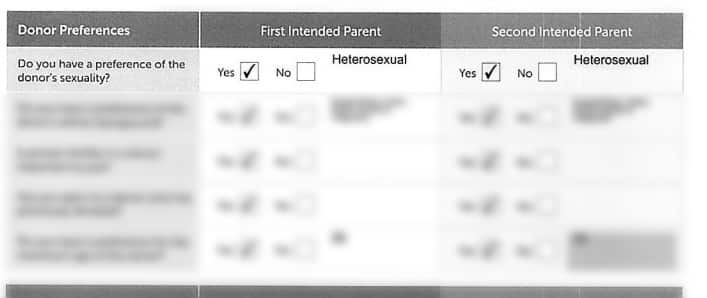 An image shows a questionnaire that asks, "Do you have a preference of the donor's sexuality?". A box is ticked 'yes' and 'heterosexual' is stated under both first and second intended parent categories.