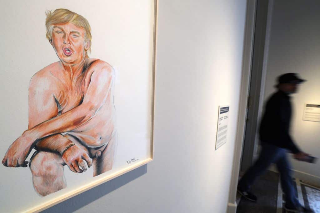 A sketch of former US president Donald Trump appears naked with a small penis.