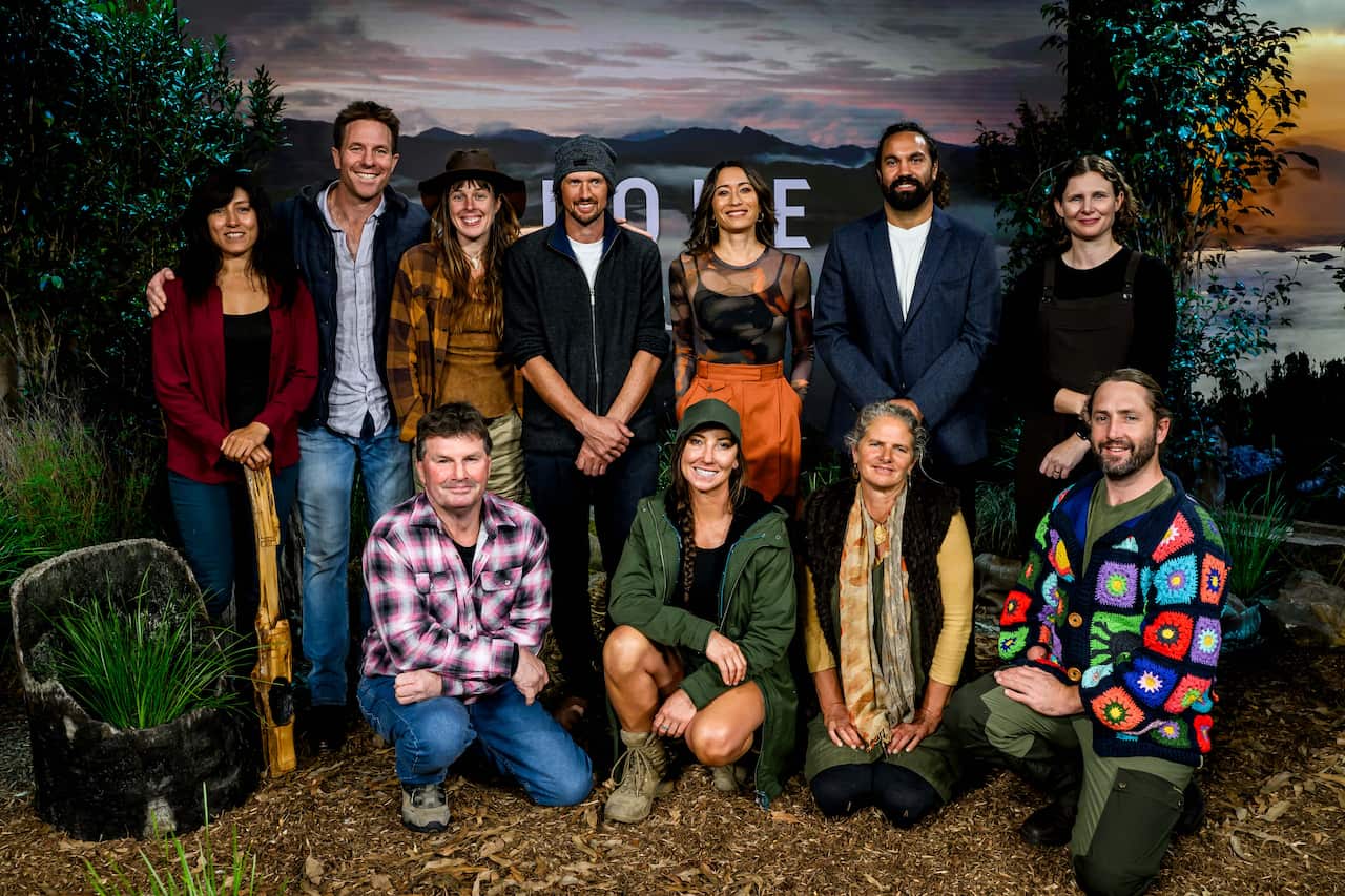 The cast of Alone Australia season 3 during 'Alone Australia Season 3 The Reunion'. L - R: Corinne, Ben, Eva, Shay, Kumi Taguchi, Matt, Ceilidh, Muzza, Karla, Yonke, Tom