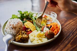 A healthy vegan lunch presented on a plate.